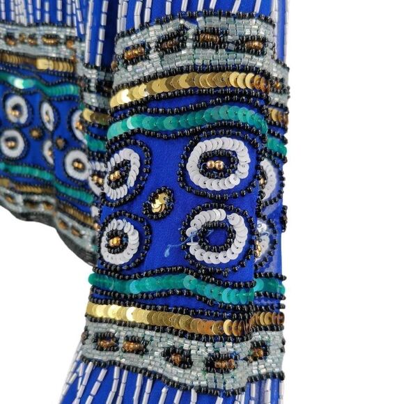 Vintage Blue Silk Beaded Jacket with Geometric Pattern | Niteline by Della Roufo - Picture 4 of 6